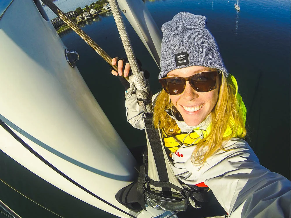 146ft in the air, at the top of the mast