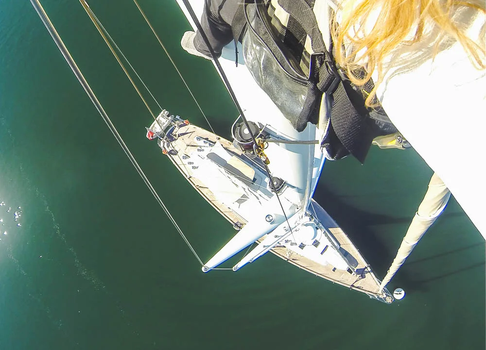 aerial view of Aventura as Rufus keeps an eye onme from the bow seat below