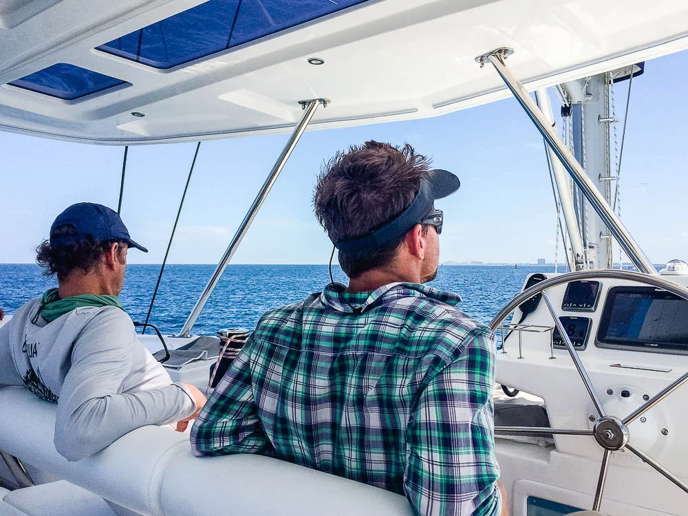 Rufus and the owner enjoying the view from the flybridge on our first sea trial