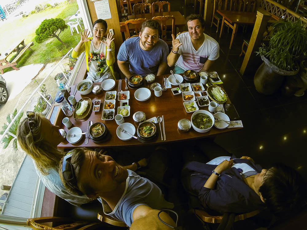 above &amp; below: our first meal on Jeju &nbsp;- L-R:&nbsp;Hyejin from Kia Motors, Timmy, Faan. front L-R:&nbsp;Kate, Rufus, Sunny our driver and guide