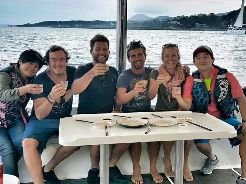 its a wrap! Sunny, Faan, Timmy, Rufus, Kate &amp; Sun celebrating the last day of shooting on the charter yacht. Photo: Timmy Henny