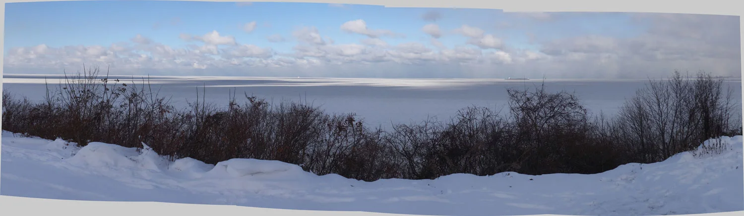 Panoramic photo of Lake Erie from my walk on Saturday, Jan. 4. you can't see it but there's a freighter on the lake.