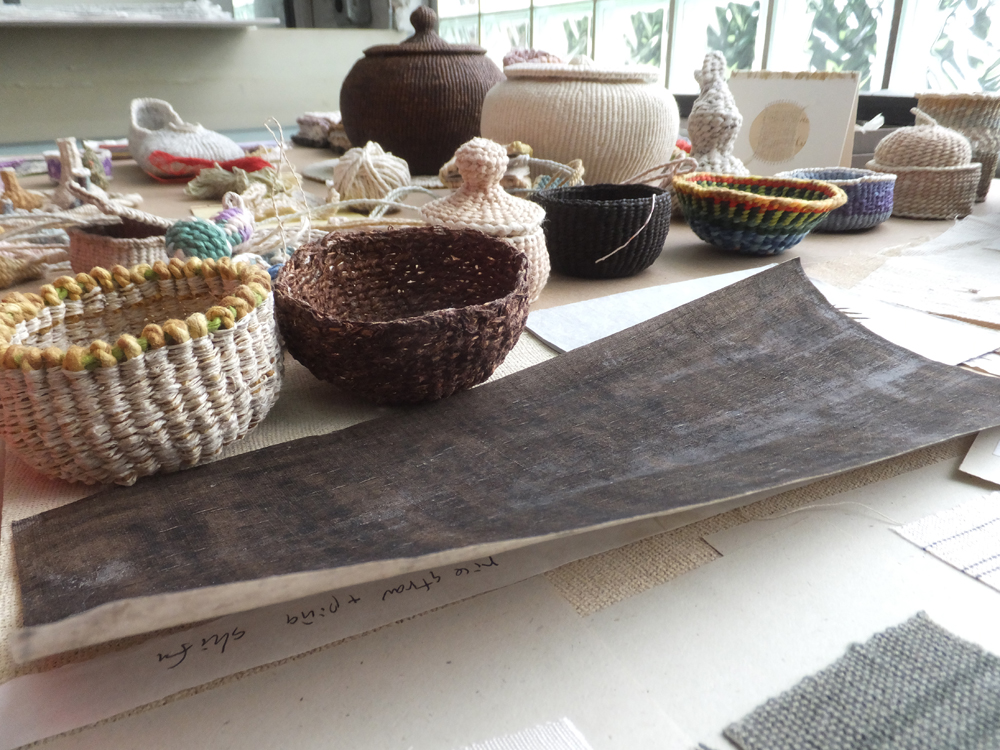 Items Aimee has made by making paper, cording it, then twining to make baskets and other useful items. 