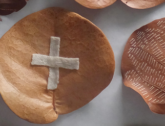 Wool sewn onto preserved Sea Grape leaf. I wrote about sewing these HERE.