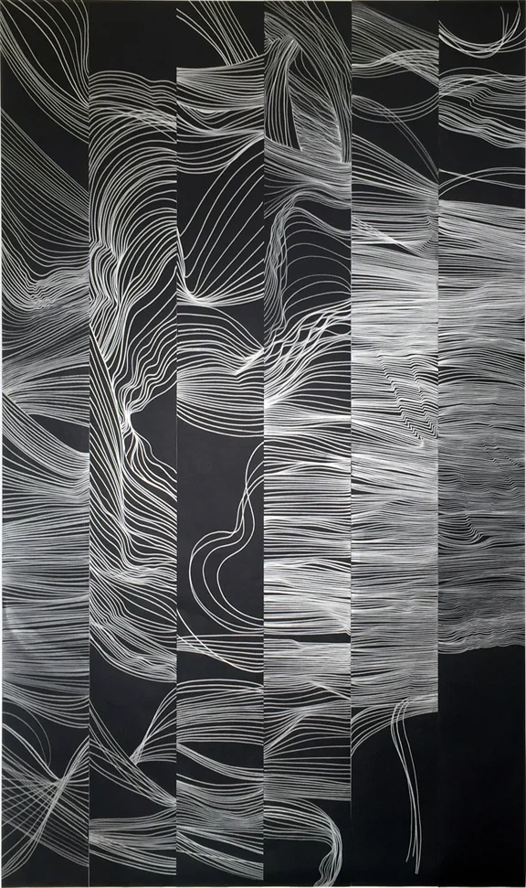 Strings, silver pen on black paper. Each piece is 6" wide by 60" long, Final piece is 36" wide x 60" long. ©Christine Mauersberger, 2015.