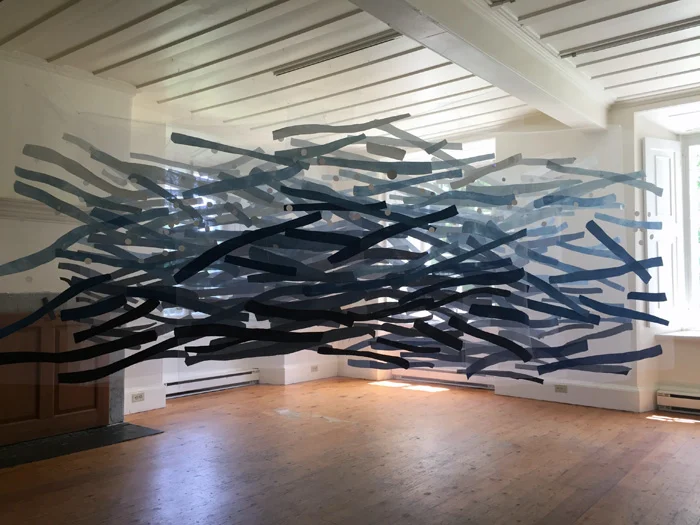 The Plastic Holds No Water, Indigo-dyed linen, tulle, thread, plastic, 2017 Size: approximately 14 feet wide x 7 feet deep x 8 feet high
