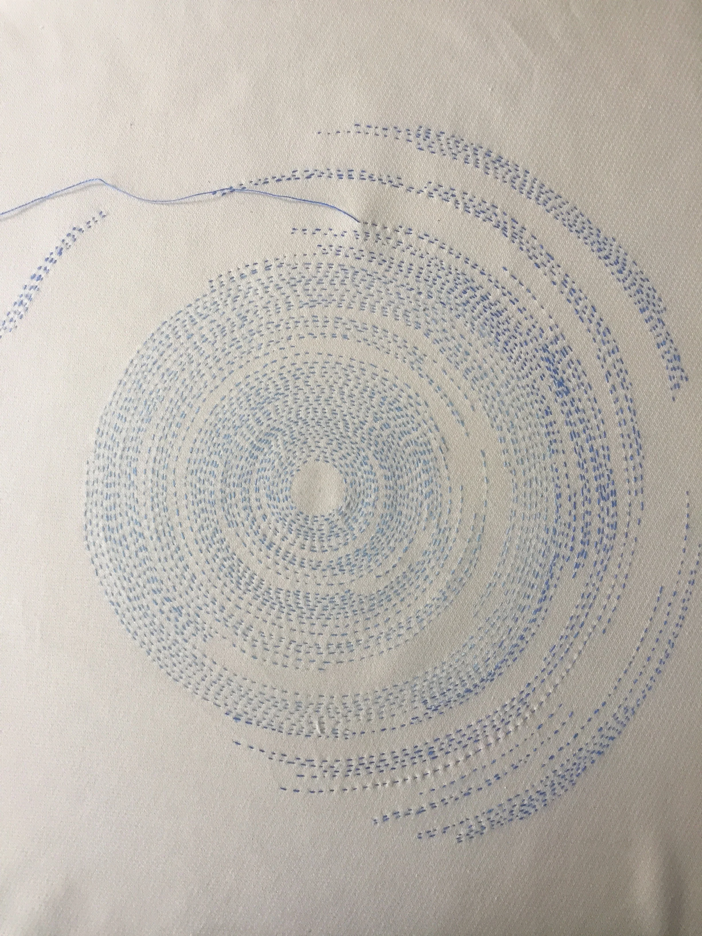 Blue wave, started February 2018, single strand French silk embroidery floss on silk/wool broadcloth. Approximate size 40" x 40"