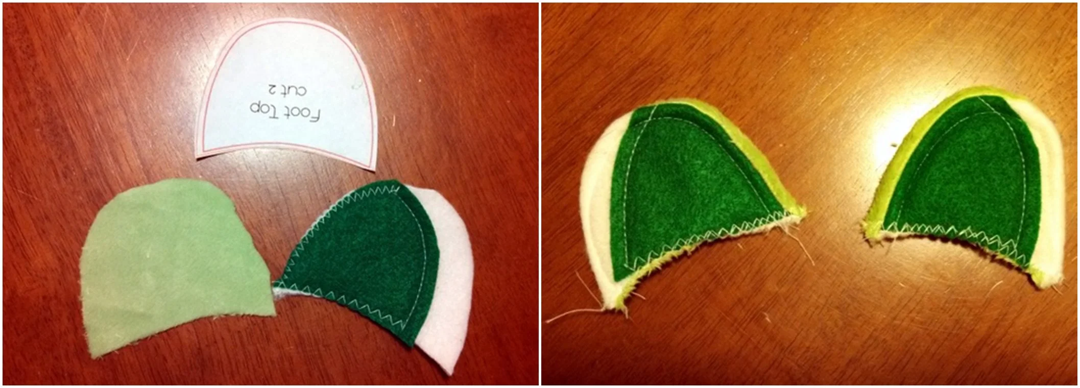 The quality of these cell phone pictures are tragic, but hopefully they suit for demonstration purposes! Left: My "eye" pieces, front and back. Right: Sewn, RST, flipped and top-stiched.