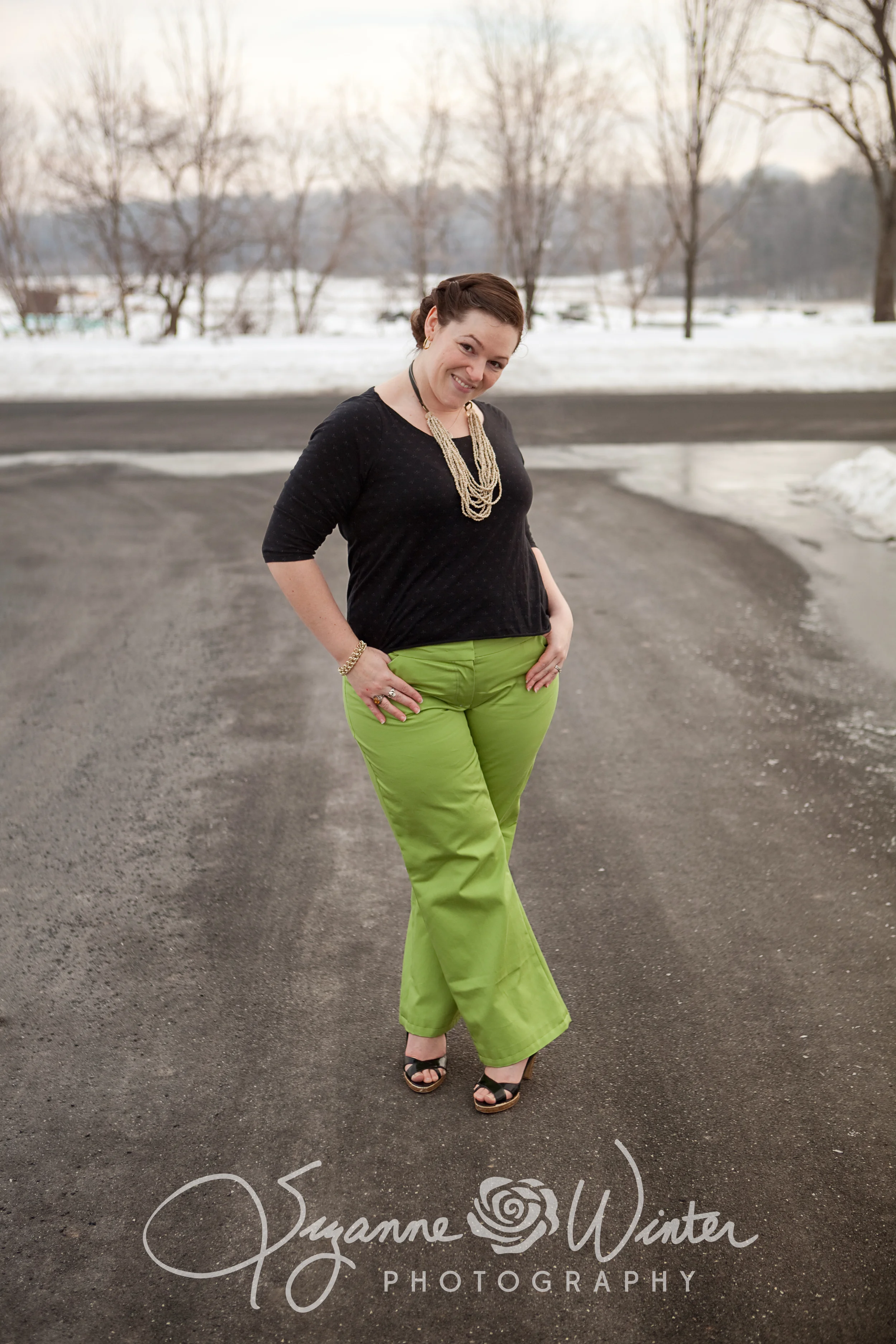 I left some extra room in this shoot since the snowy gray background was the perfect contrast to the bright pants.
