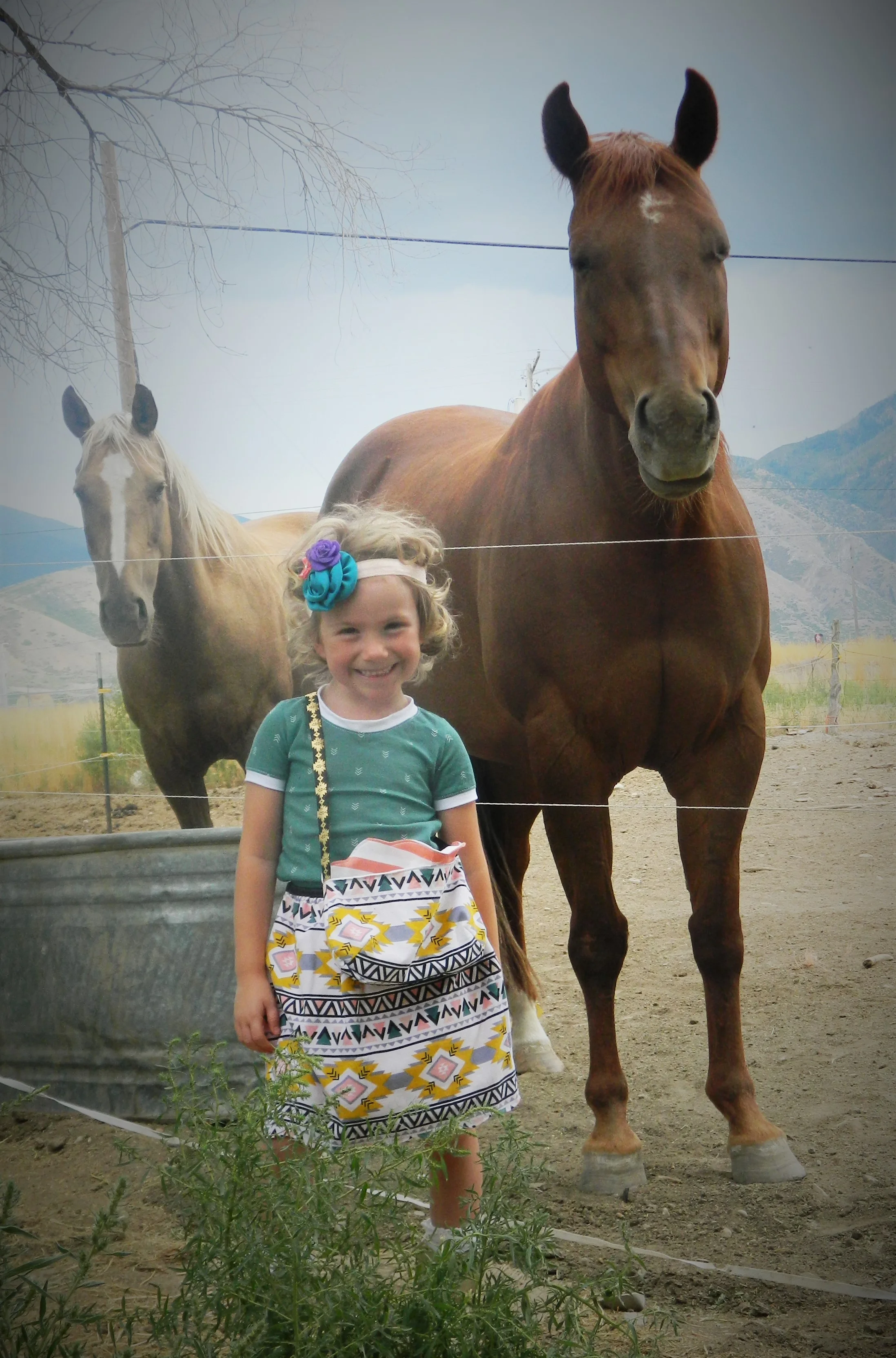 Cosmos Skirt and Purse, Coco Flower Crown, and Jackelope Tee sewn by Nicole