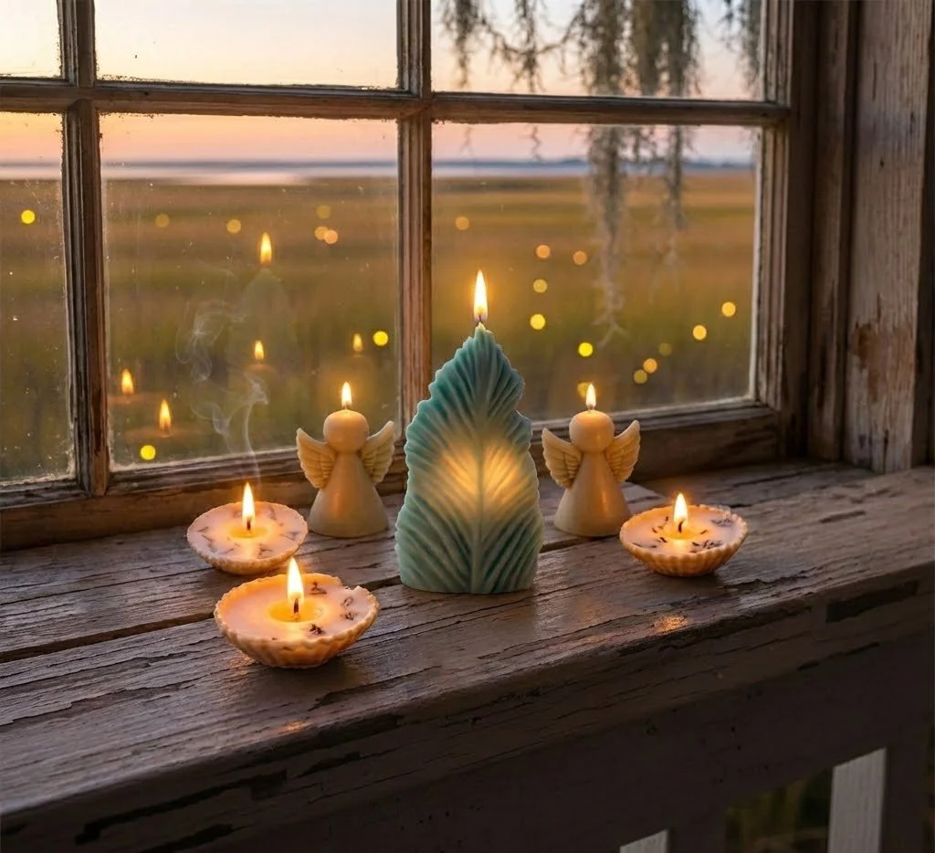 A windowsill with a lit candle in the shape of an angel with wings, a large blue-green leaf-shaped candle, and two small yellow winged angel candles, with a sunset view outside and string lights reflecting in the window.
