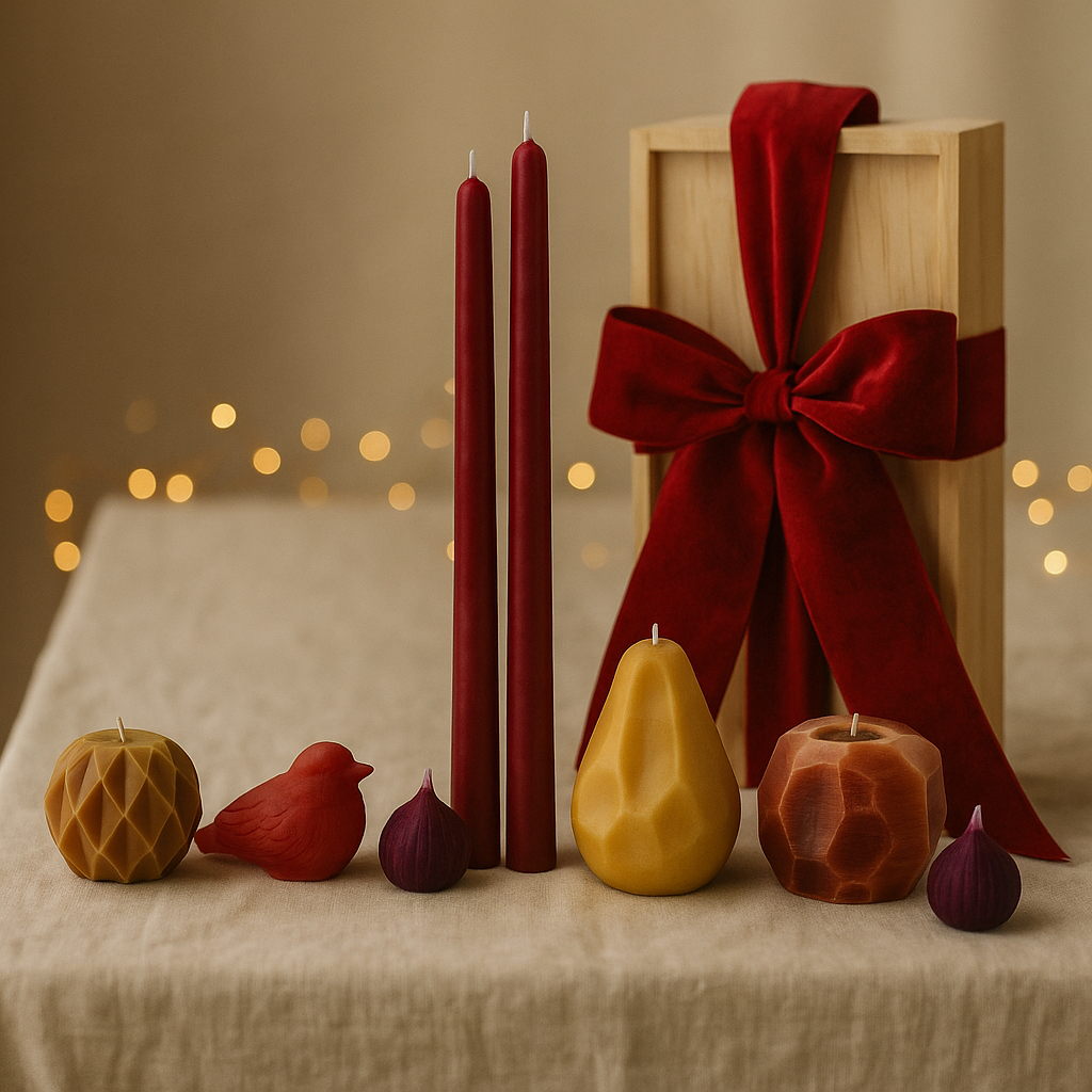 Long 14x4 candle gift box featuring deep burgundy tapers, a beeswax sparrow, and sculpted geometric fruit, styled with smilax and silver.