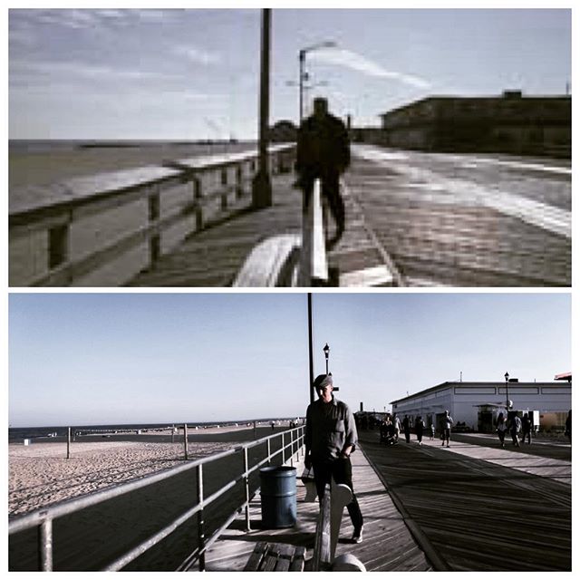 One of these is a random low res screen capture from a scene in #TheSopranos and the other is the moment my stepfather, having recognised the location on an impromptu outing to Jersey, attempted to recreate the random screencap. But which is which? #spotthedifference