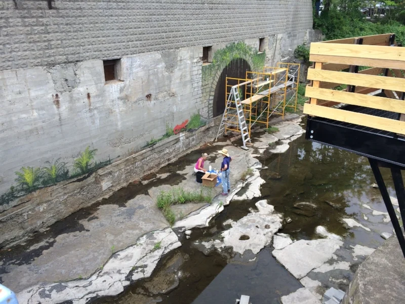 This view from the bridge shows more of the expanse of the wall we are working on. I designed it so that we incorporated the crumbling look and rough stone of the creek area.