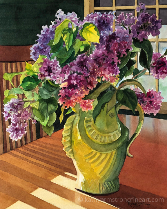 "Lilacs in Green Fish Vase"