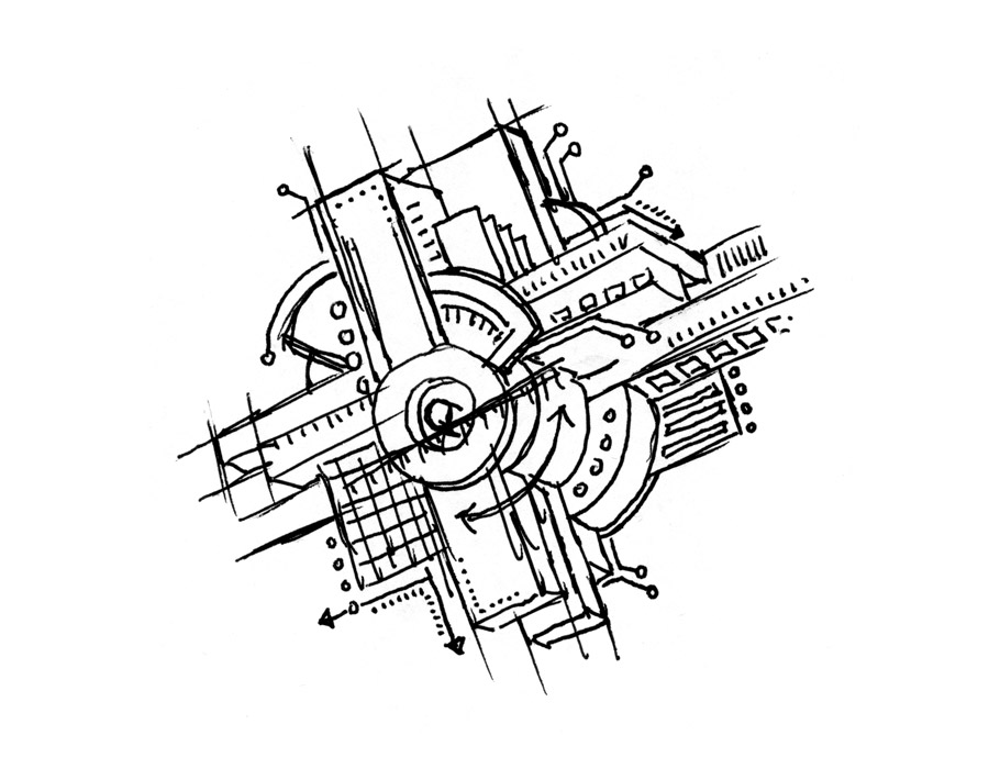  Initial rough sketch - depicting symbolic and visual elements of technology, systems and security that represent the data center 