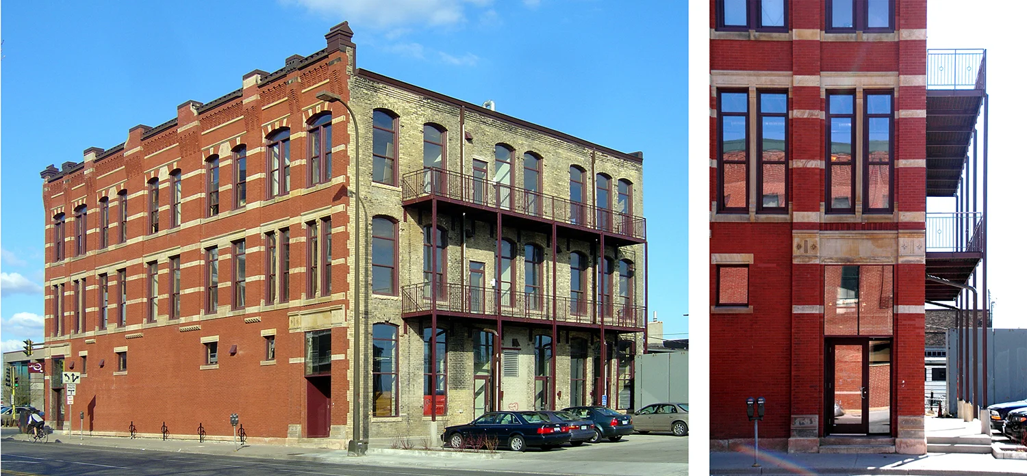 For generations known as the home of Frank Plumbing, this 122 year old former hospital building was transformed from its previous use as an overfilled storehouse full of antique plumbing parts, into the home for a growing internet marketing company. With two floors of office space, it also includes a restaurant and bar on the first floor. Designed in the Queen Anne Commercial Style, the original building represents a notable departure from many of the buildings previously built in the surrounding Minneapolis milling and warehouse district. This can be seen in the building’s increased scale, its occupation of more street frontage, increased ornamentation, and large areas of glass without divided lights. Winner of a 2007 Minneapolis Heritage Preservation Award, the design plays off of this heightened ornamentation and openness while carving out space that reflects the structure’s new use as contemporary commercial office building. While pragmatic needs including structural repairs and masonry restoration, new windows and an entirely new code compliant exit system were significant concerns for the project, new building elements and spaces have been developed that heighten and compliment the material and detail richness of the existing historic building. From new floor to ceiling windows - on the ground floor - designed to emphasize the dramatic openness of the original street front, to open floor plans - for the upper floors - defined by plentiful daylight, and the warm golden tones of the original brick bearing walls and wood framing. http://www.dayblock.com Project Team: Bob Ganser AIA, Principal-In-Charge Ben Awes AIA hristian Dean AIA