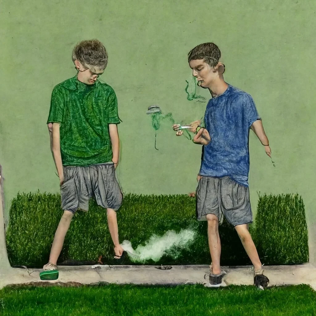 Pre-teens smoking, 2022
&bull;
AI generated digital print
&bull;
&bull;
#midjourney #poetry #memory #ai #computercollab #newmediums #playing