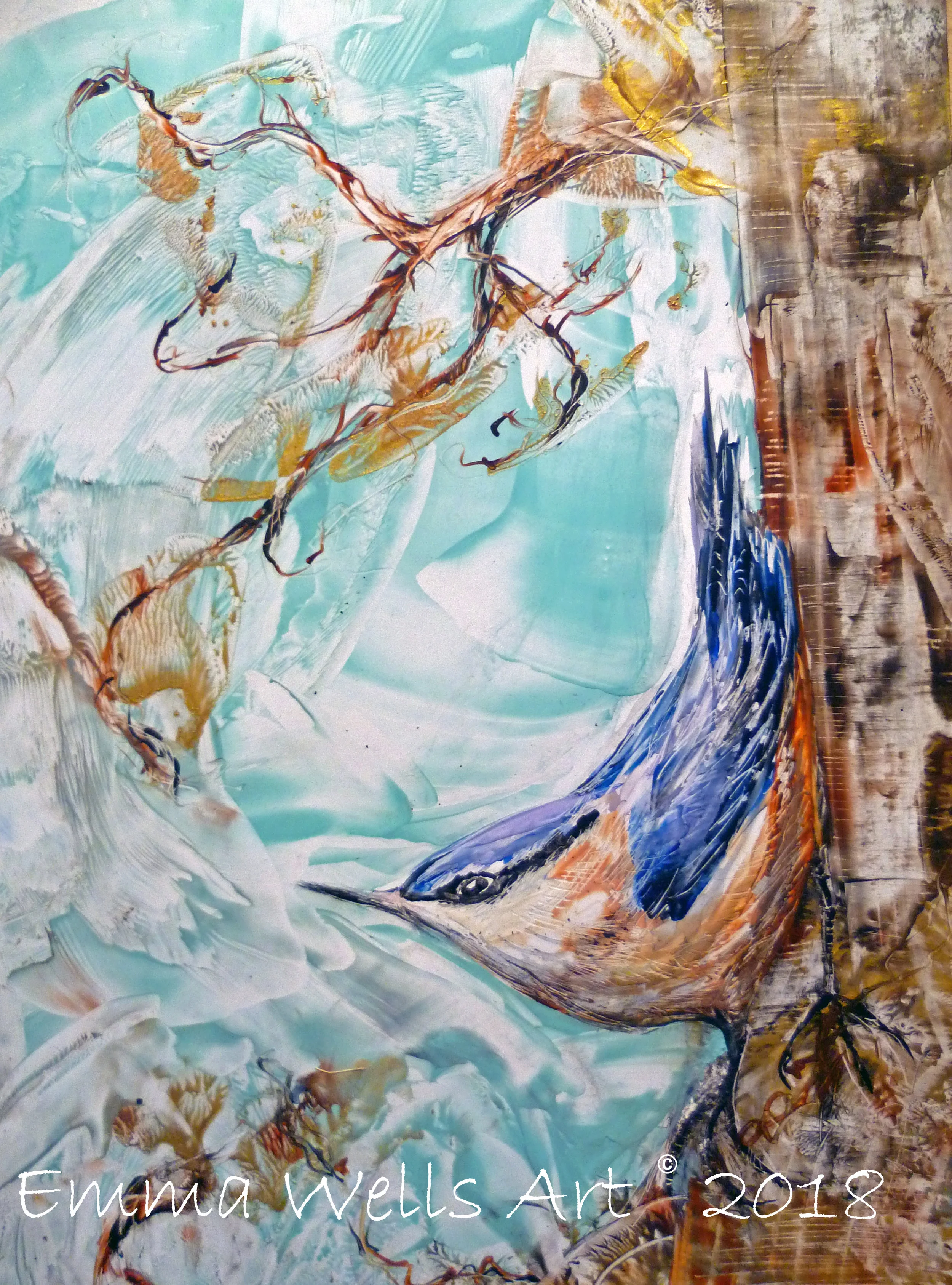 'The Nuthatch' Encaustic wax on card. Part of a collection by Emma of British Garden Birds.
