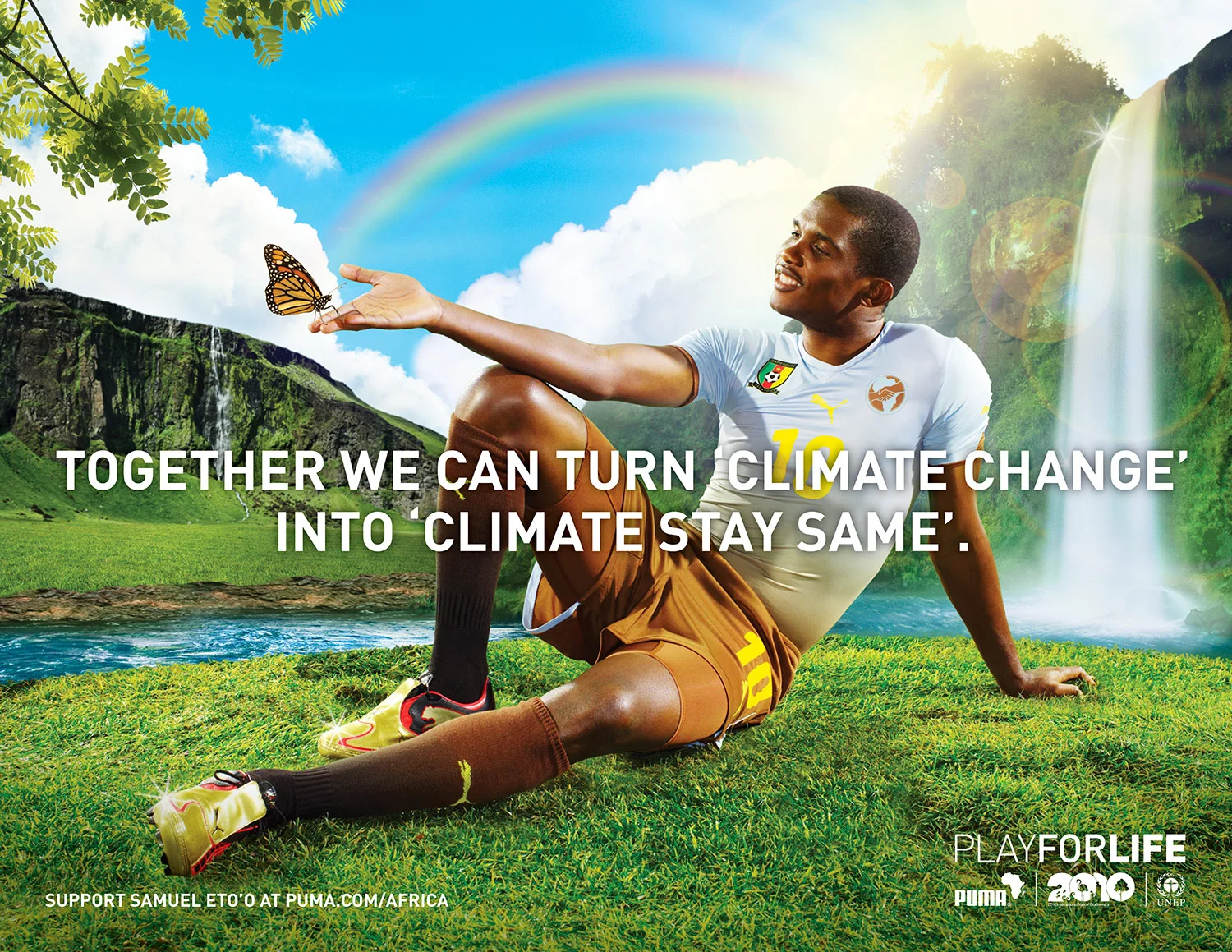 Why cause a fright when you can have fun instead? Puma, The UN and Cameroon Lions player Samuel Eto'o band together in this humorous print and outdoor effort celebrating the 2010 Year of Biodiversity. 