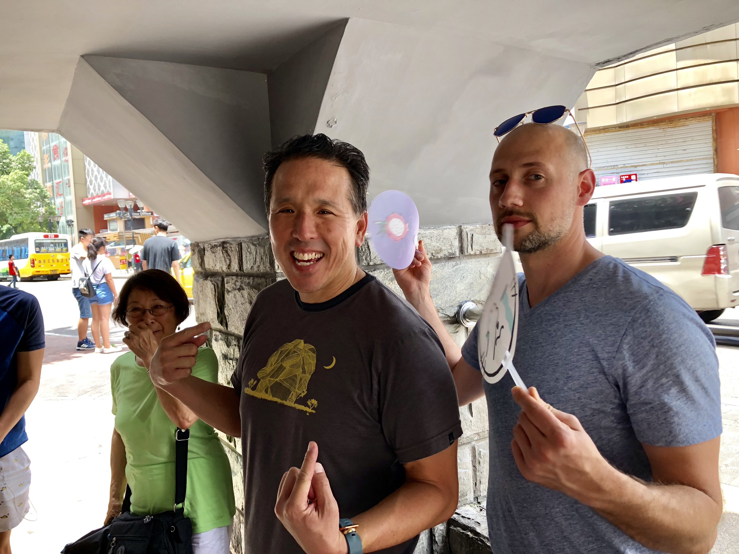 Harris and David trying to stay cool in the furnace of China