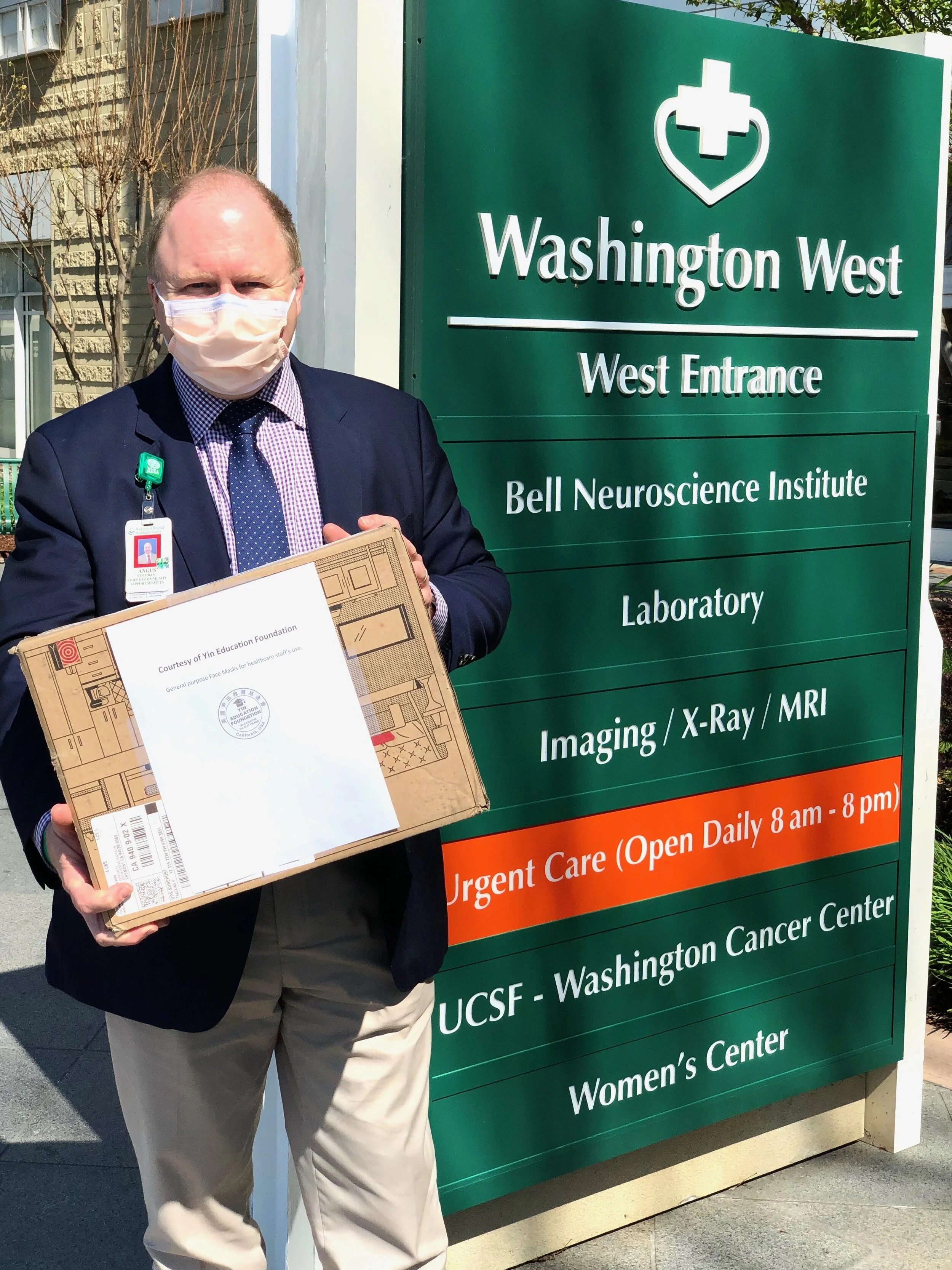 Receiving donation at Washington West hospital in Fremont