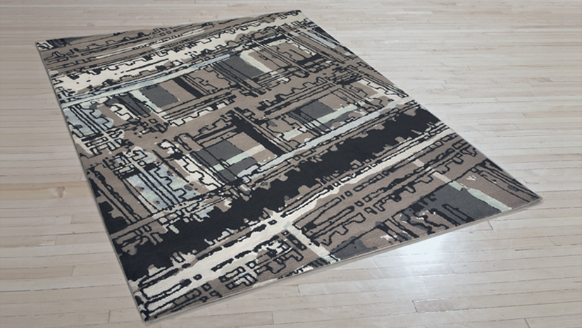 Art Day #396 Boardwalk. Hand-knotted fine, handspun, Tibetan wool with pure Chinese silk, in 100 knot, 4mm cut pile construction. Carpet Copyright Creative Matters Incorporated. Photo Credit: Chris Harrison