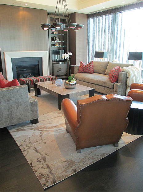 Custom Residential Carpet, inspired by marble slabs. Hand-knotted fine, handspun, Tibetan wool with pure Chinese silk, in 100 knot, 4mm cut pile construction. Carpet Copyright Creative Matters Incorporated. Interior designed by Fleur de Lis Interior Design Inc. 