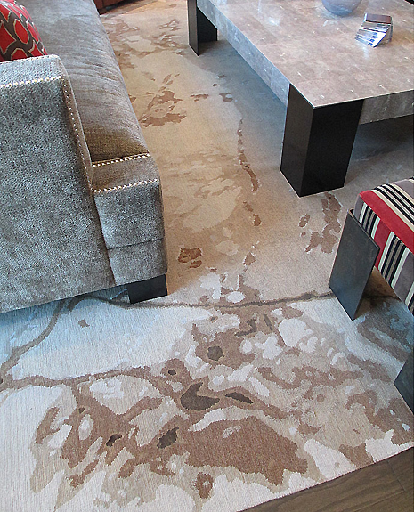 Residential Carpet, Detail Shot. Hand-knotted fine, handspun, Tibetan wool with pure Chinese silk, in 100 knot, 4mm cut pile construction. Carpet Copyright Creative Matters Incorporated. Interior designed by Fleur de Lis Interior Design Inc. 