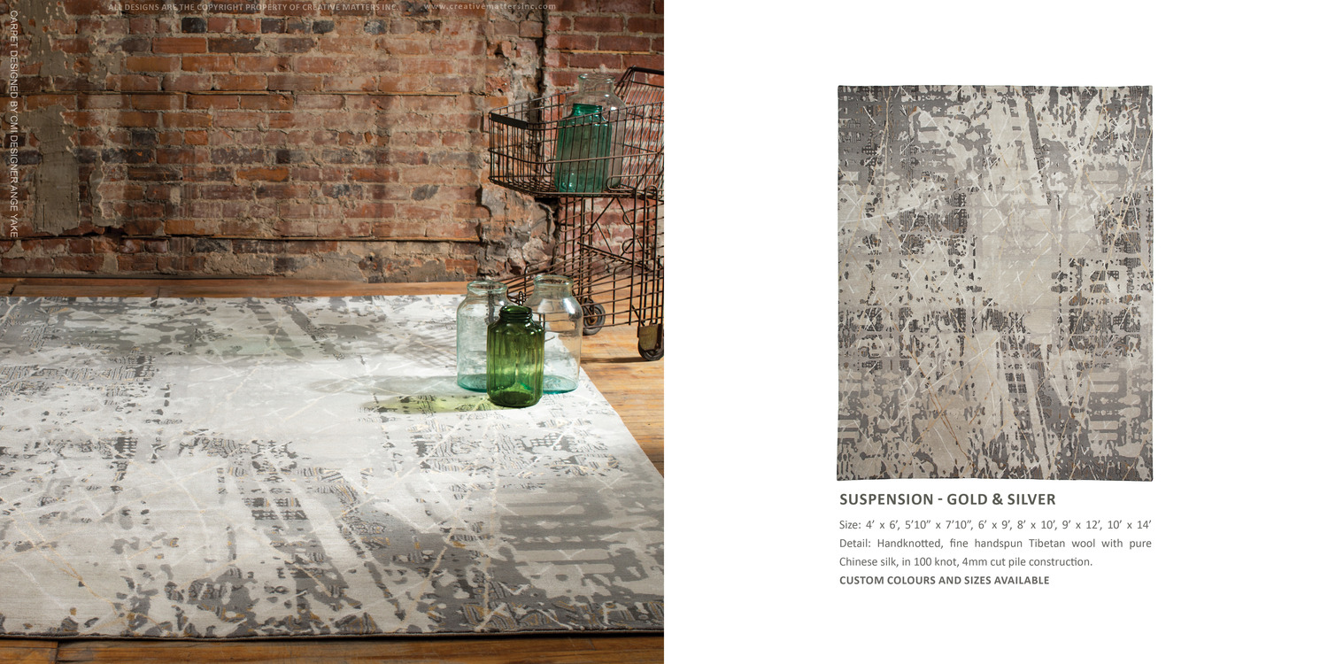 XXV Collection - Suspension Gold & silver. Hand-knotted fine, handspun, Tibetan wool with pure Chinese silk, in 100 knot, 4mm cut pile construction. Carpet Copyright Creative Matters Incorporated. Photo Credit: Christopher Drost 