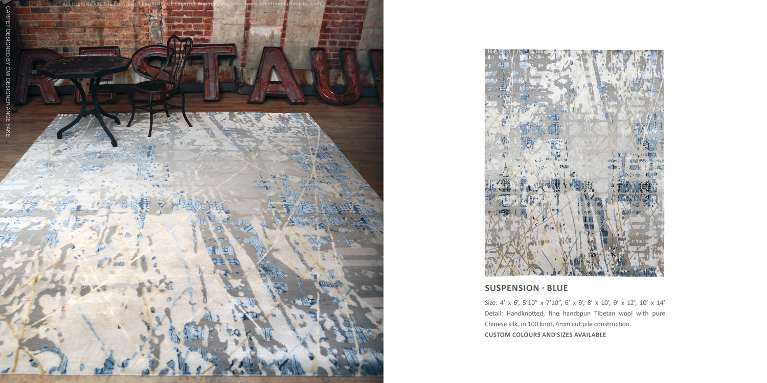 XXV COLLECTION - SUSPENSION BLue. HAND-KNOTTED FINE, HANDSPUN, TIBETAN WOOL WITH PURE CHINESE SILK, IN 100 KNOT, 4MM CUT PILE CONSTRUCTION. CARPET COPYRIGHT CREATIVE MATTERS INCORPORATED. PHOTO CREDIT: CHRISTOPHER DROST 