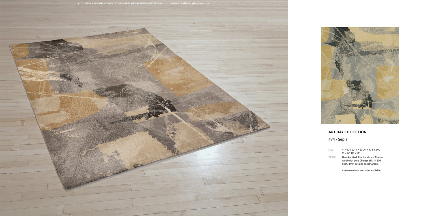 ART DAY #74 SEPIA. HAND-KNOTTED FINE, HANDSPUN, TIBETAN WOOL WITH PURE CHINESE SILK, IN 100 KNOT, 4MM CUT PILE CONSTRUCTION. CARPET COPYRIGHT CREATIVE MATTERS INCORPORATED. PHOTO CREDIT: CHRIS HARRISON