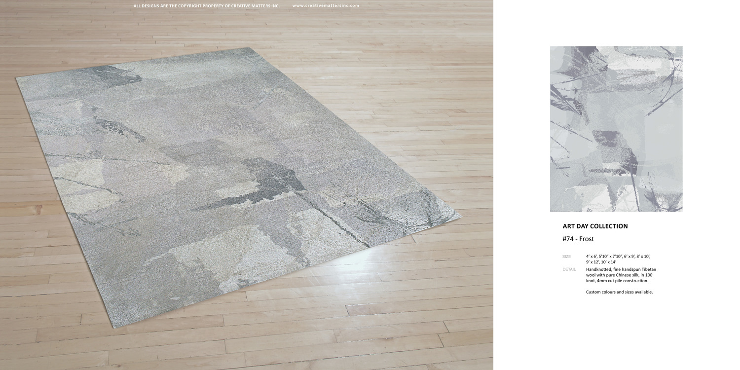 Art Day #74 Frost. Hand-knotted fine, handspun, Tibetan wool with pure Chinese silk, in 100 knot, 4mm cut pile construction. Carpet Copyright Creative Matters Incorporated. Photo Credit: Chris Harrison