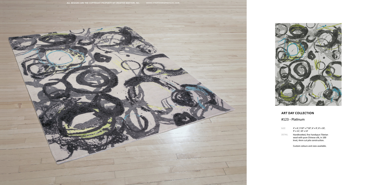 Art Day #123 Platinum. Hand-knotted fine, handspun, Tibetan wool with pure Chinese silk, in 100 knot, 4mm cut pile construction. (Co-Designer: Robert MacDonald). Carpet Copyright Creative Matters Incorporated. Photo Credit: Chris Harrison