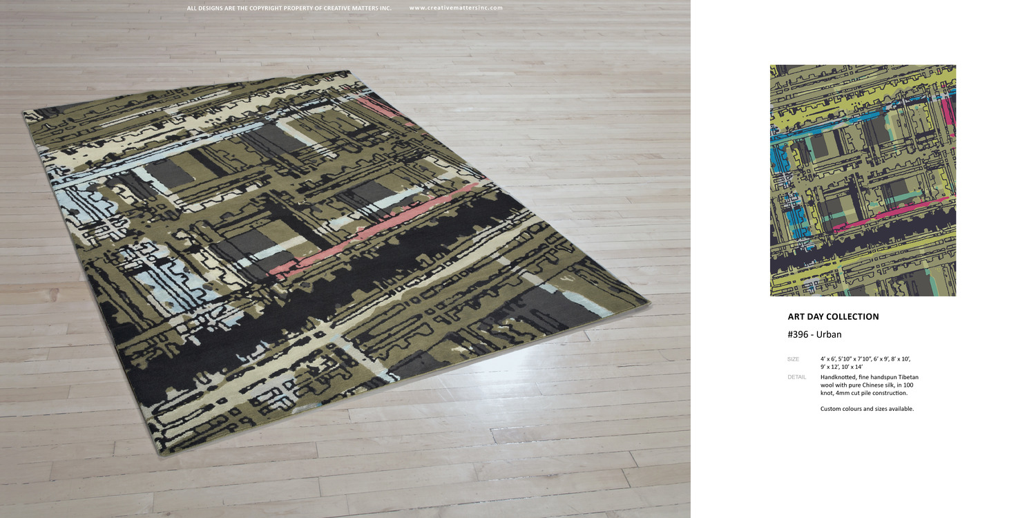 Art Day #396 Urban. Hand-knotted fine, handspun, Tibetan wool with pure Chinese silk, in 100 knot, 4mm cut pile construction. Carpet Copyright Creative Matters Incorporated. Photo Credit: Chris Harrison