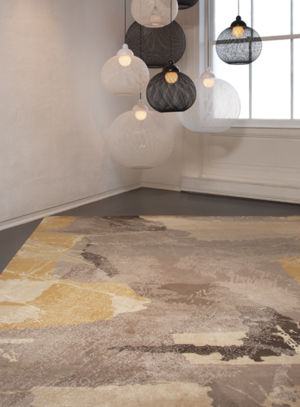 Art Day #74 Platinum. Hand-knotted fine, handspun, Tibetan wool with pure Chinese silk, in 100 knot, 4mm cut pile construction. Carpet Copyright Creative Matters Incorporated. Photo Credit: Chris Harrison