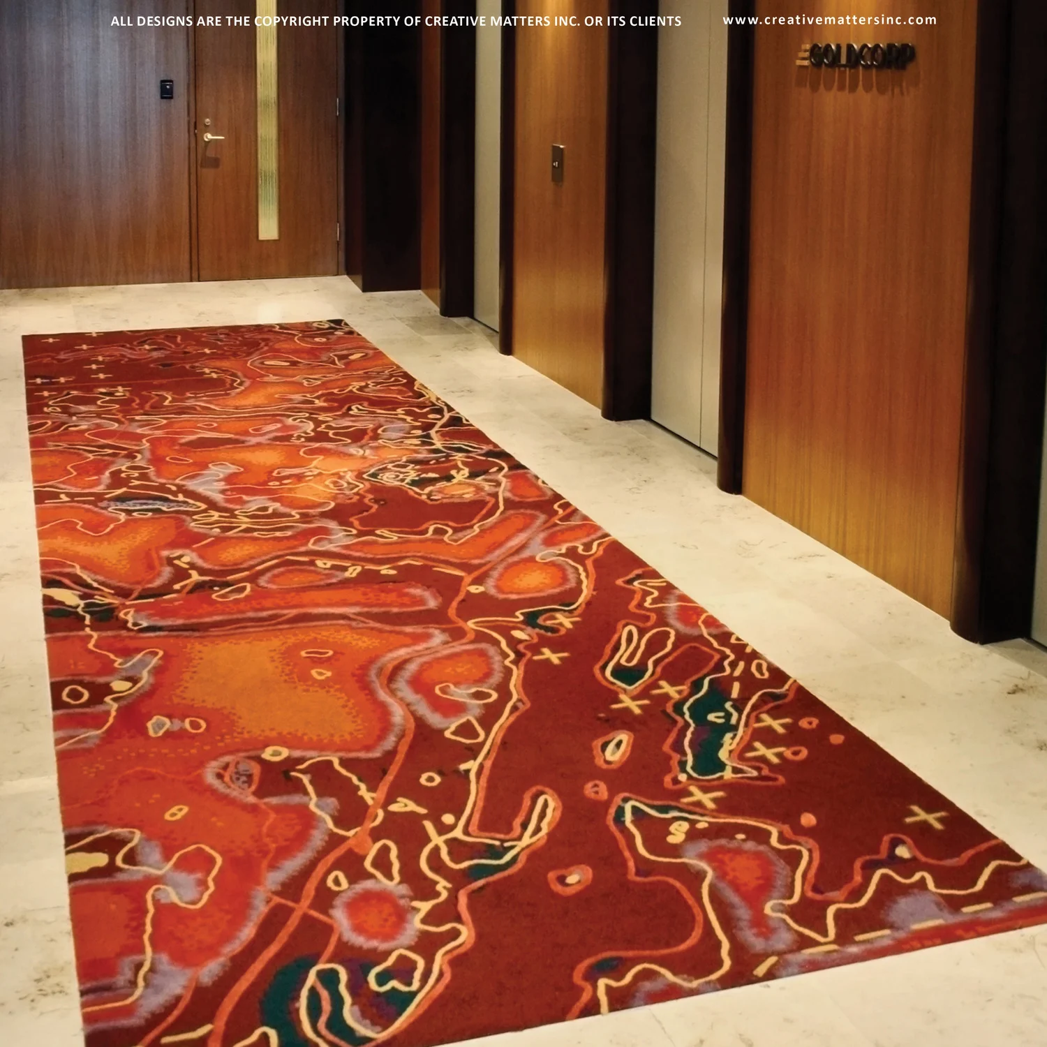 ELEVATOR LOBBY IN VANCOUVER BC WITH GROUP 5 DESIGN ASSOCIATED LTD. HANDTUFTED IN INDIA, 100% WOOL . C ARPET COPYRIGHT CREATIVE MATTERS INCORPORATED. 