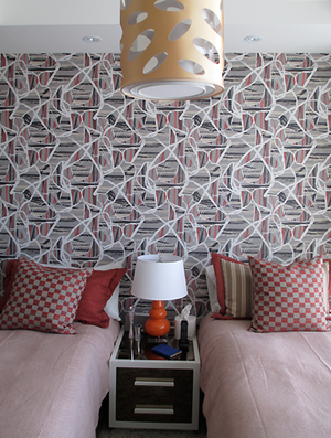 Custom colorway of "Raffia" Pattern from the Creative Matters Graphic Collection, digitally printed vinyl in the USA. Interior designed by Fleur de Lis Interior Design Inc. Copyright Creative Matters Incorporated.