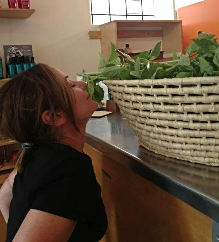 Jodi Connolly of Buzz Salon in Iowa City smells the flowers!
