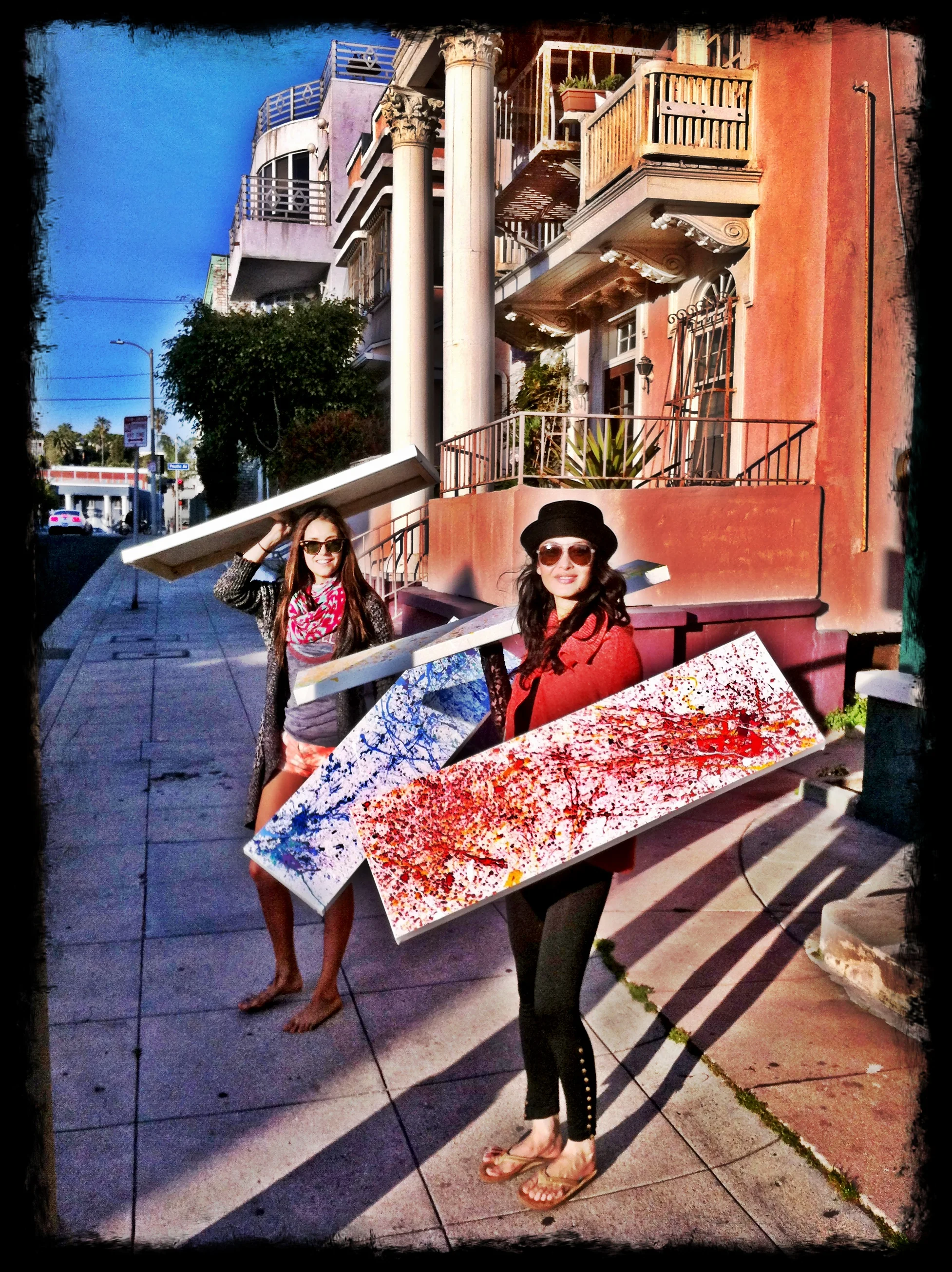 Art Day with Nina Dobrev...Happily holding up our colorful canvases!