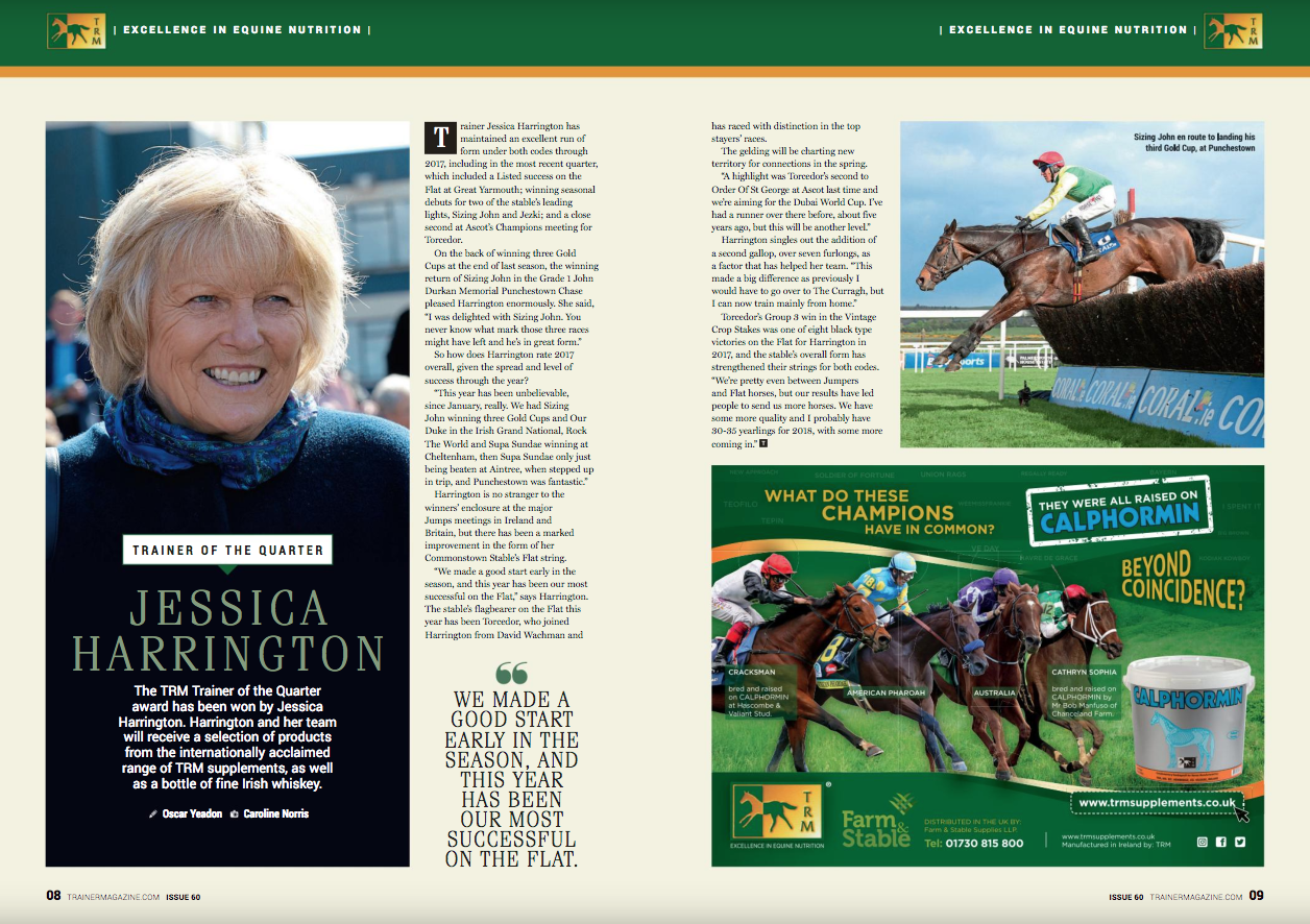 Trainer Jessica Harrington has maintained an excellent run of form under both codes through 2017, including in the most recent quarter, which included a Listed success on the Flat at Great Yarmouth; winning seasonal debuts for two of the stable’s leading lights, Sizing John and Jezki; and a close second at Ascot’s Champions meeting for Torcedor. On the back of winning three Gold Cups at the end of last season, the winning return of Sizing John in the Grade 1 John Durkan Memorial Punchestown Chase pleased Harrington enormously. She said, “I was delighted with Sizing John. You never know what mark those three races might have left and he’s in great form.” So how does Harrington rate 2017 overall, given the spread and level of success through the year? “This year has been unbelievable, since January, really. We had Sizing John winning three Gold Cups and Our Duke in the Irish Grand National, Rock The World and Supa Sundae winning at Cheltenham, then Supa Sundae only just being beaten at Aintree, when stepped up in trip, and Punchestown was fantastic.” Harrington is no stranger to the winners’ enclosure at the major Jumps meetings in Ireland and Britain, but there has been a marked improvement in the form of the Commonstown Stable’s Flat string. “We made a good start early in the Flat season, and this year has been our most successful on the Flat,” says Harrington. The stable’s flagbearer on the Flat this year has been Torcedor, who joined Harrington from David Wachman ahead of the season and raced with distinction in the top stayers’ races. The gelding will be charting new territory for connections in the spring. “A highlight was Torcedor’s second to Order Of St George at Ascot last time and we’re aiming for the Dubai World Cup. I’ve had a runner over there before, about five years ago, but this will be another level.” Harrington singles out the addition of a second gallop, over seven furlongs, as a factor that has helped her team. “This made a big difference as previously I would have to go over to The Curragh, but I can now train mainly from home.” Torcedor’s Group 3 win in the Vintage Crop Stakes was one of eight black type victories on the Flat for Harrington in 2017, and the stable’s overall form has strengthened their strings for both codes. “We’re pretty even between Jumpers and Flat horses, but our results have led people to send us more horses. We have some more quality and I probably have 30-35 yearlings for 2018, with some more coming in.”
