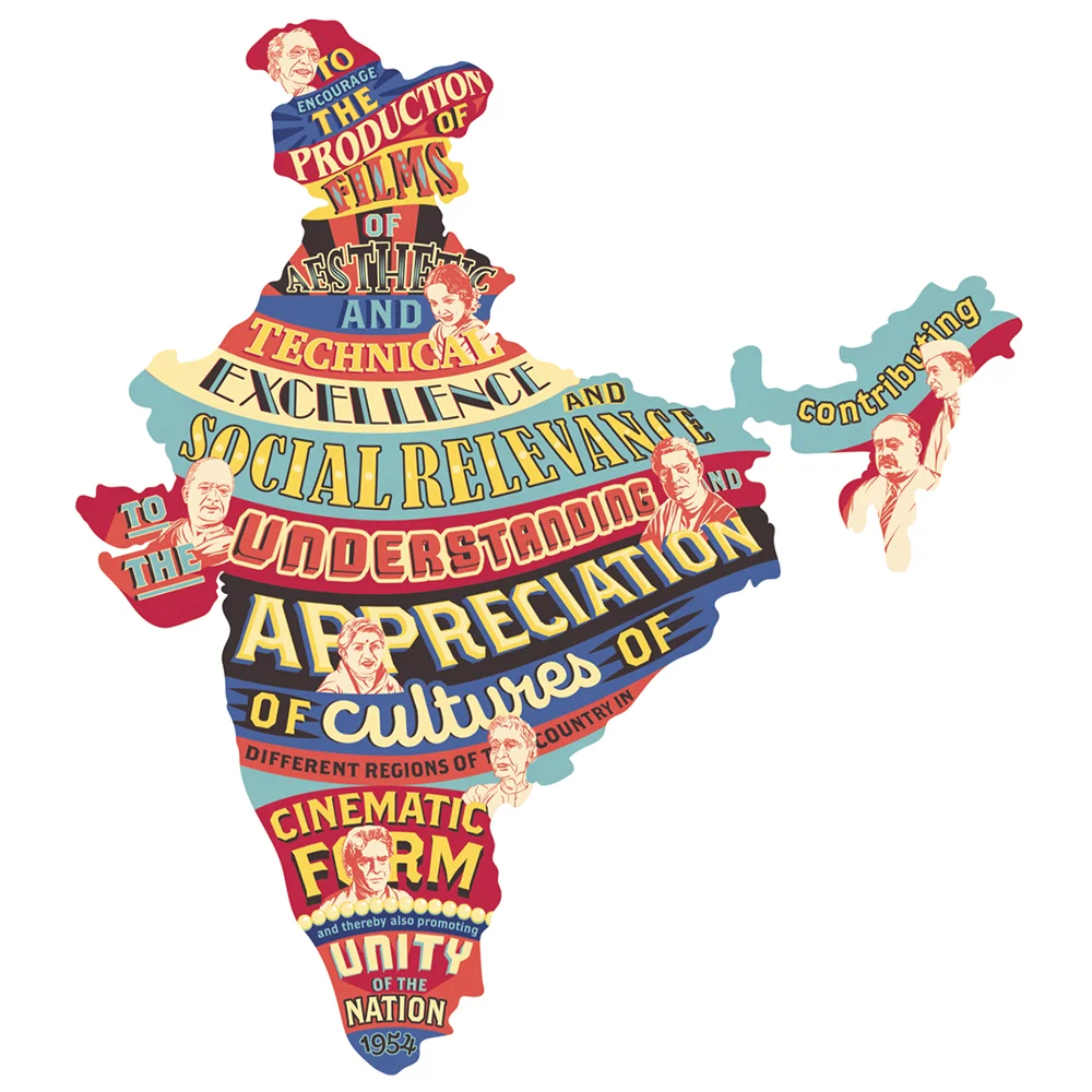 "19 May, 1954, the Govt. of India constituted a National Film Board, the 1st National Film Awards were established and in October that year then President Rajendra Prasad honoured the ceremony. The artwork would look at being a dramatic take on iconic moments on screen, film poster art and perhaps even play with the idea of censorship. ~ Sudeepti Tucker