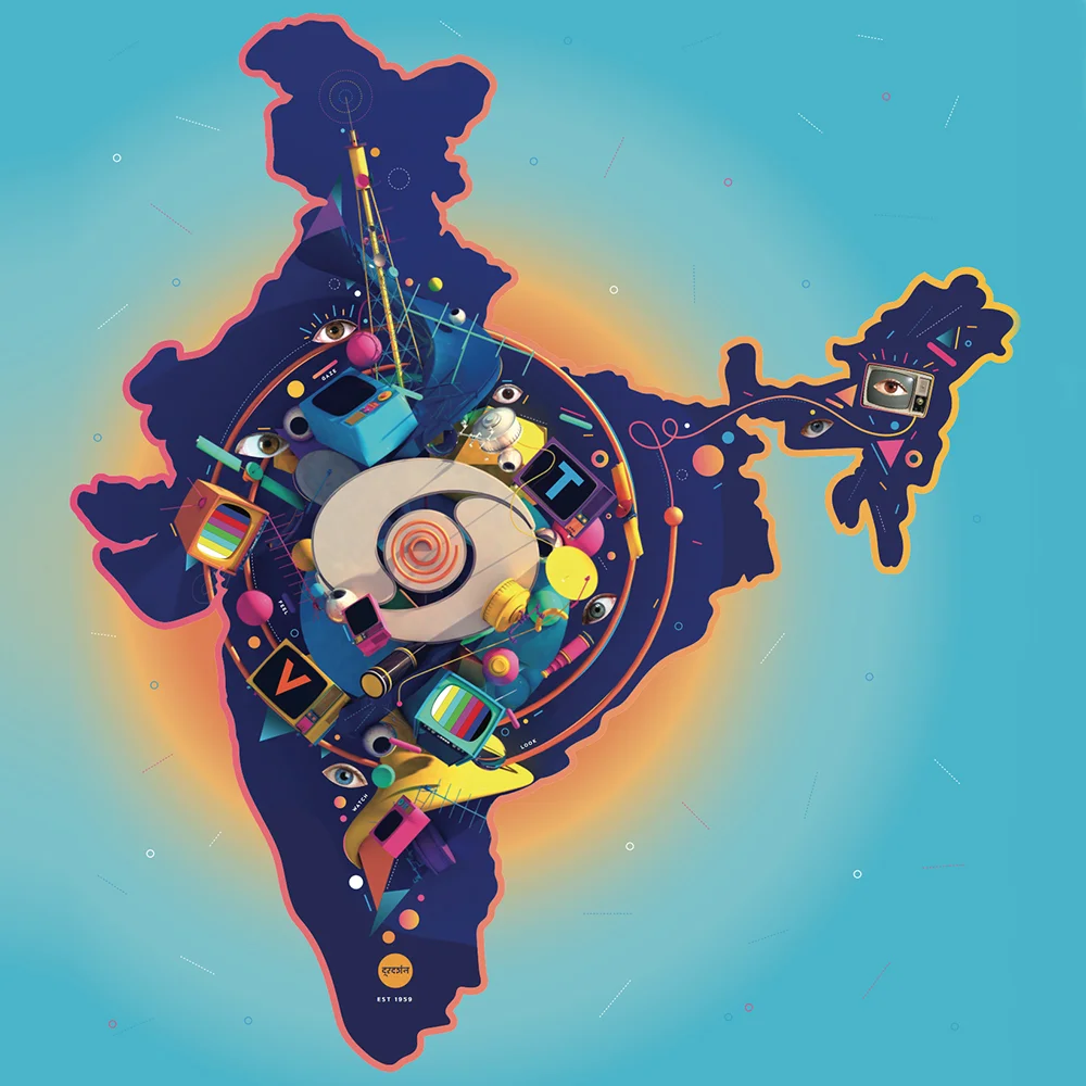 "The year 1959 saw the introduction of Television broadcast, or specifically Doordarshan, which changed the face of communication and entertainment in India. Through this artwork, I would love to illustrate the impact that this had on the people, and the way media was experienced in this country since then." ~ Prateek Vatash