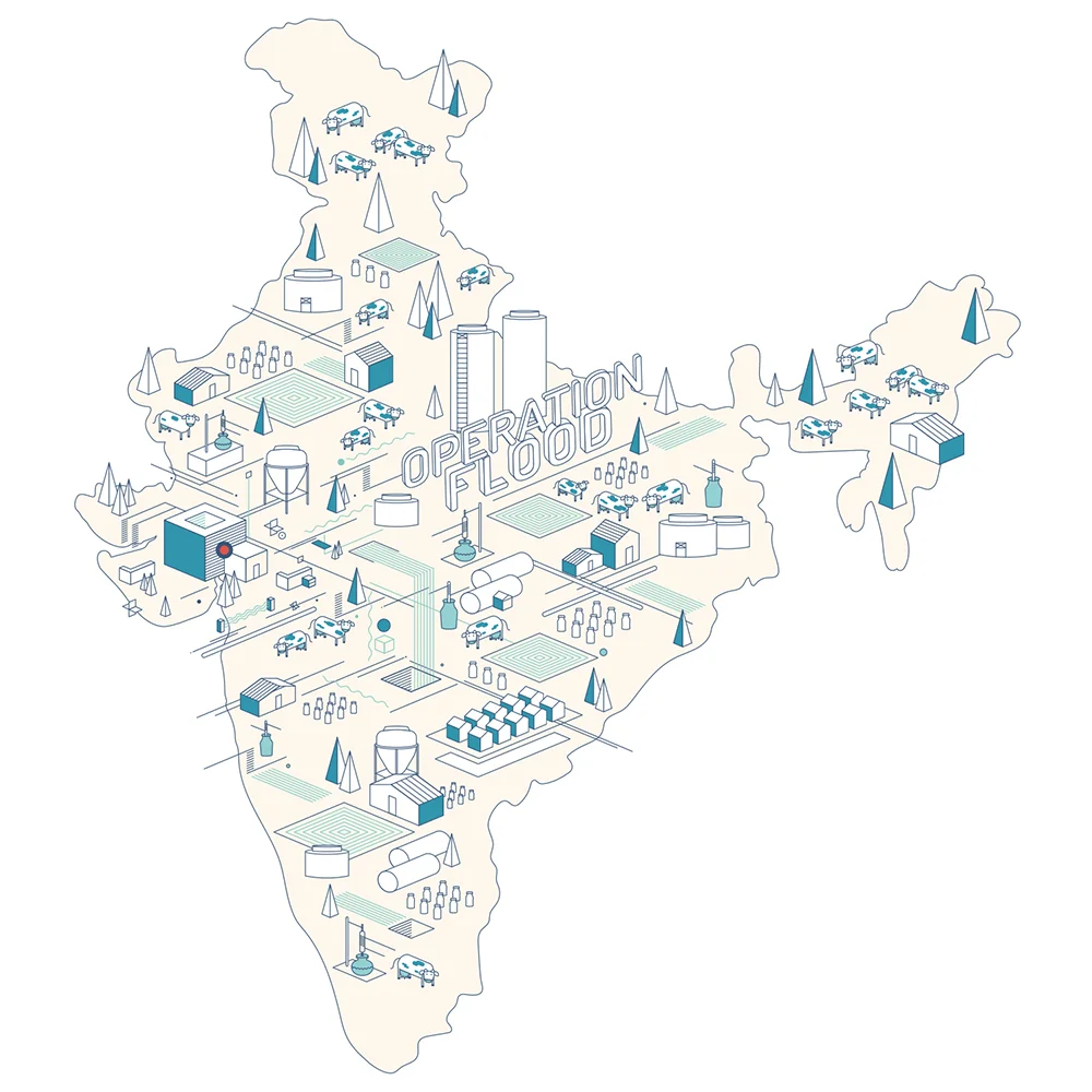"Operation Flood: I propose the theme of Operation Flood or as commonly referred to as the White Revolution that was launched by the Government of India in 1970, that resulted in making our country the largest milk producer in the world. The brainchild of Verghese Kurien of AMUL, it was the largest dairy development programme in the world which involved creating a national milk grid across the country. By linking rural supply to urban demand through co-operatives, it cut down the middlemen and ensured that the dairy farmers benefited. It is an important economic achievement in post-independent history and holds potential for illustration and style exploration." ~ Ameya Narvankar