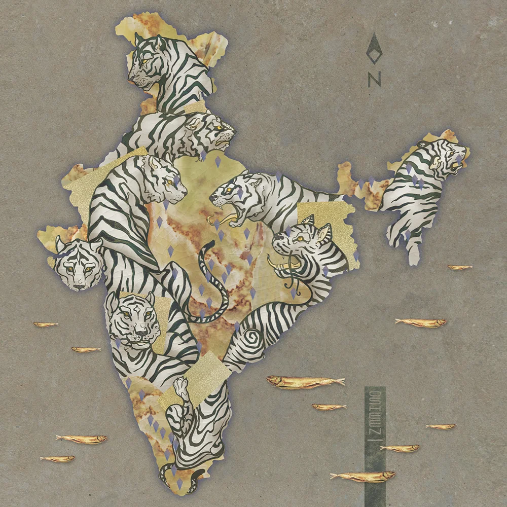 "Project Tiger - launched by the Government of India in April 1973 as an effort to preserve and protect the royal animal, a few months after this majestic beast was declared the National Animal of India! The Tiger as our National Animal symbolizes the power, strength, beauty, elegance, alertness, intelligence and endurance of the nation. And thus, it's symbolic and existential significance was realised in the year 1973. I would like to depict this through my art." ~ Ishaan Bharat
