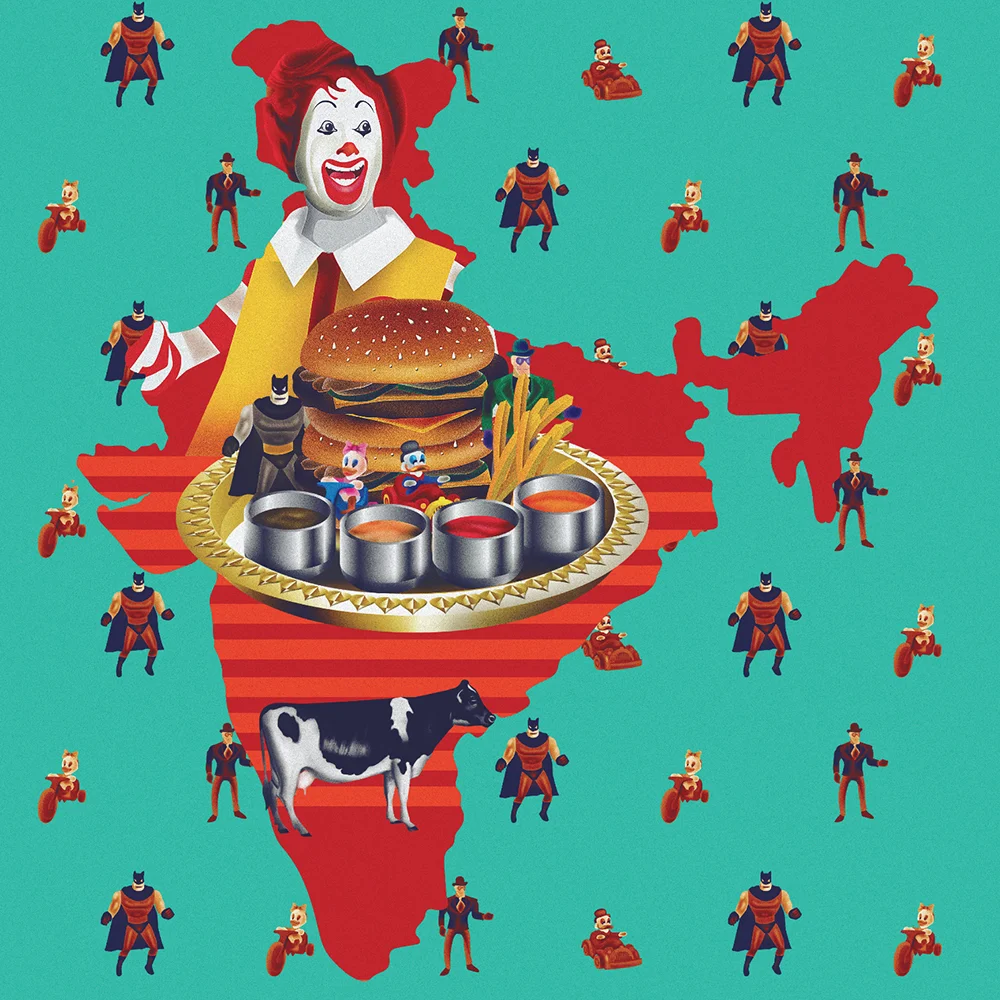 "The clown opens up a joint. In 1996, McDonald's opened it's shop in India. The signature Big Mac beef burger was replaced on the menu by the Chicken Maharajah Mac to suit the indian market. The price, taste and value that McDonalds introduced became a hit." ~ Reshidev Rk
