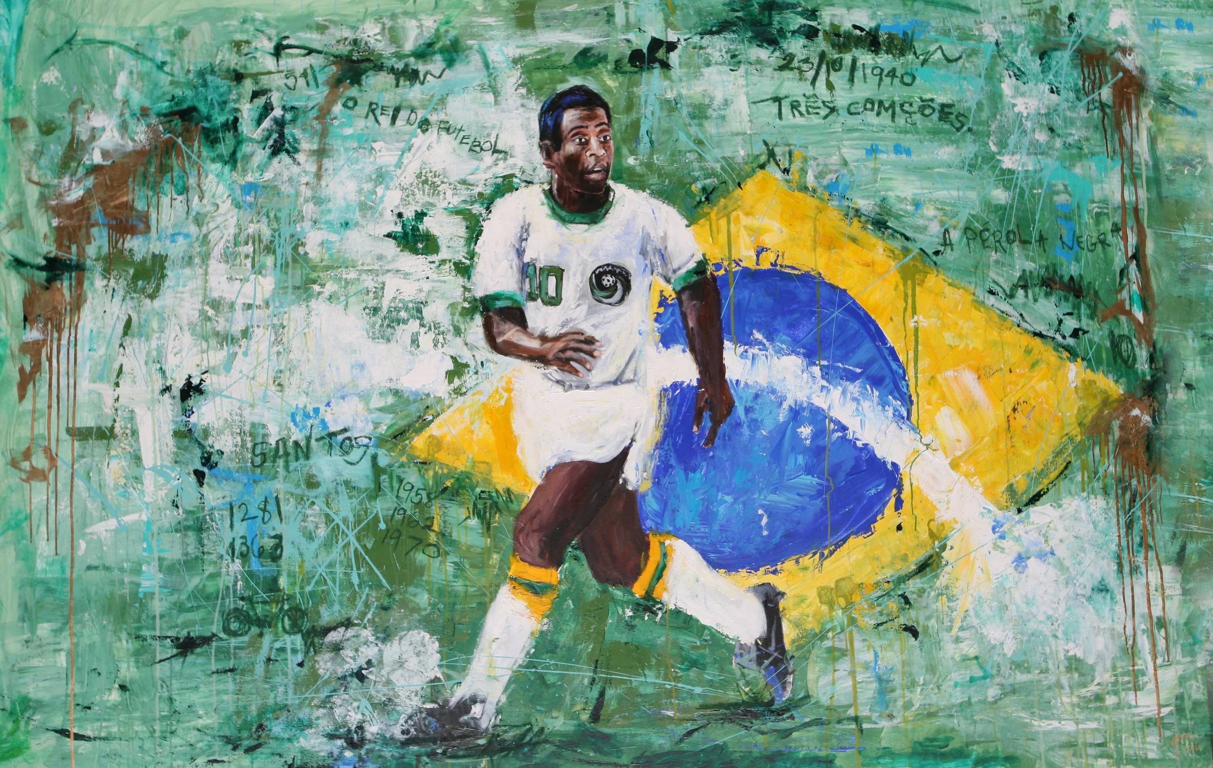 PELÉ THE GREAT , 2016 (GREATEST OF ALL TIME series) 57 X 87 INCHES MIXED MEDIA – OIL/ACRYLIC ON STRETCHED LINEN CANVAS *pricing available upon request