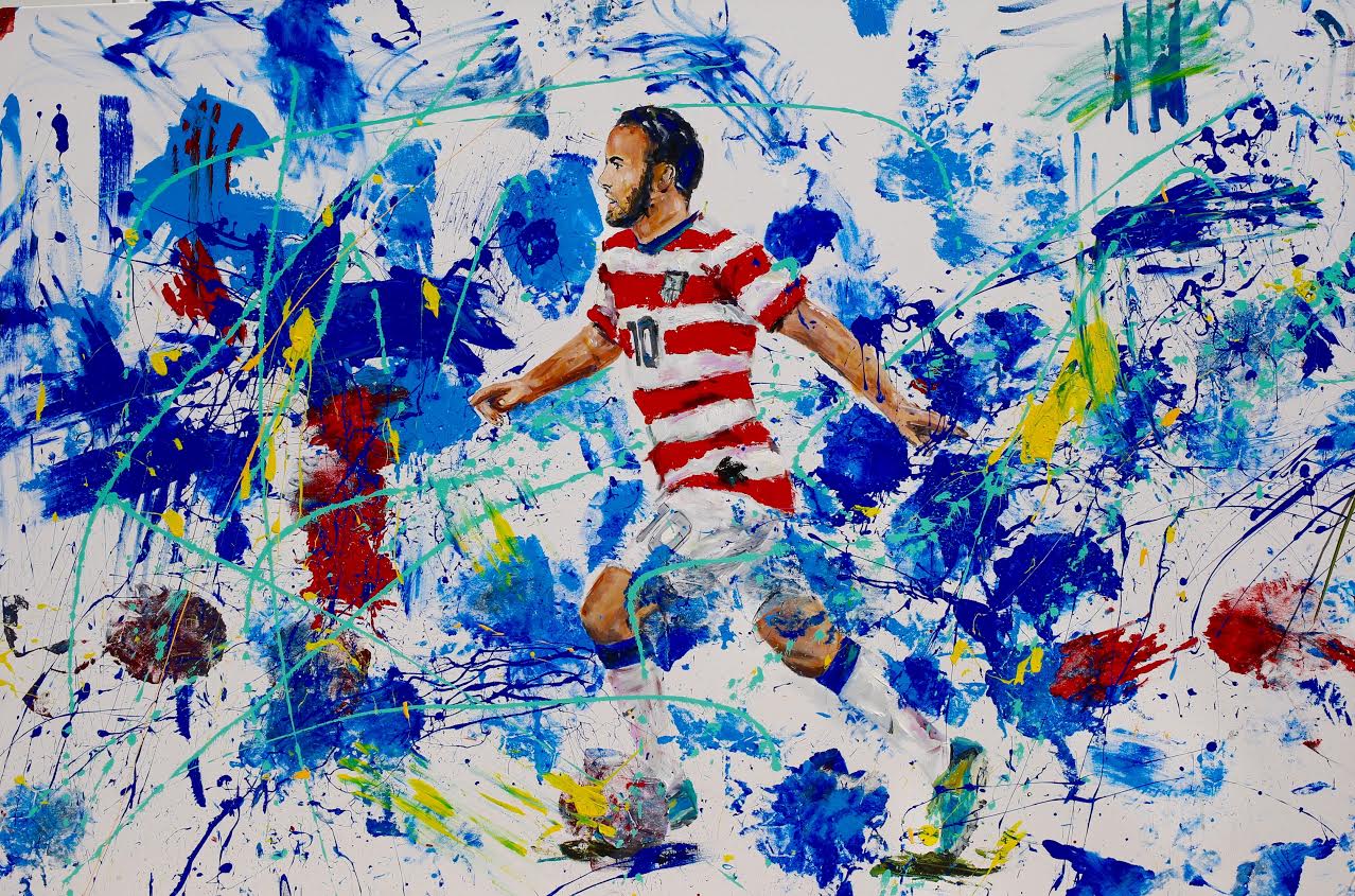 GOALS, 2016 (A LANDON DONOVAN X GENA MILANESI COLLABORATION) 54 X 82 INCHES ACRYLIC ON STRETCHED CANVAS *pricing available upon request CLICK HERE TO SEE BEHIND THE SCENES