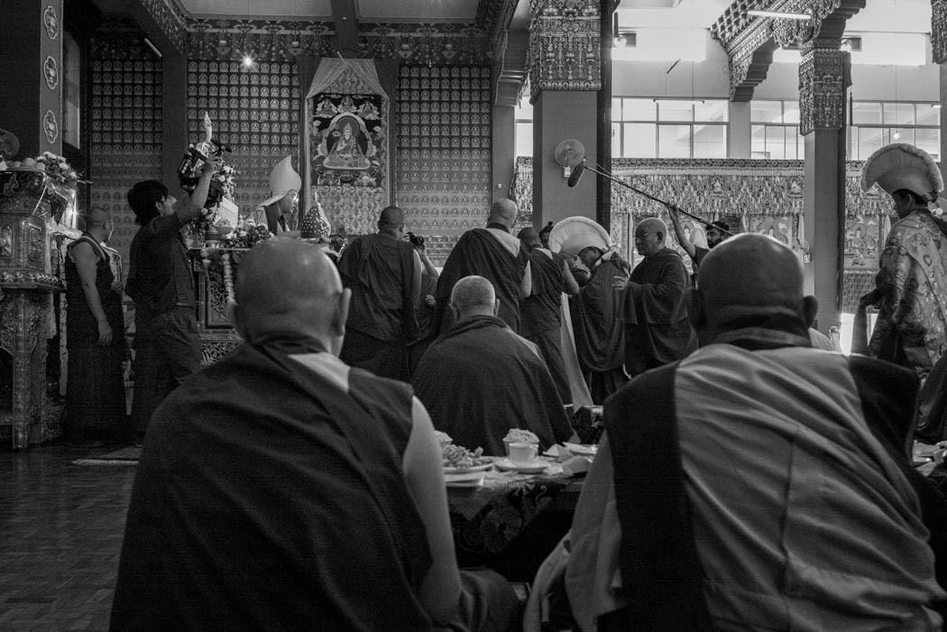 Ling Rinpoche, the reincarnation of His Holiness the Dalai Lama’s Senior Tutor, is offered a Long Life Ceremony by the Abbot and monks of Loseling Monastery