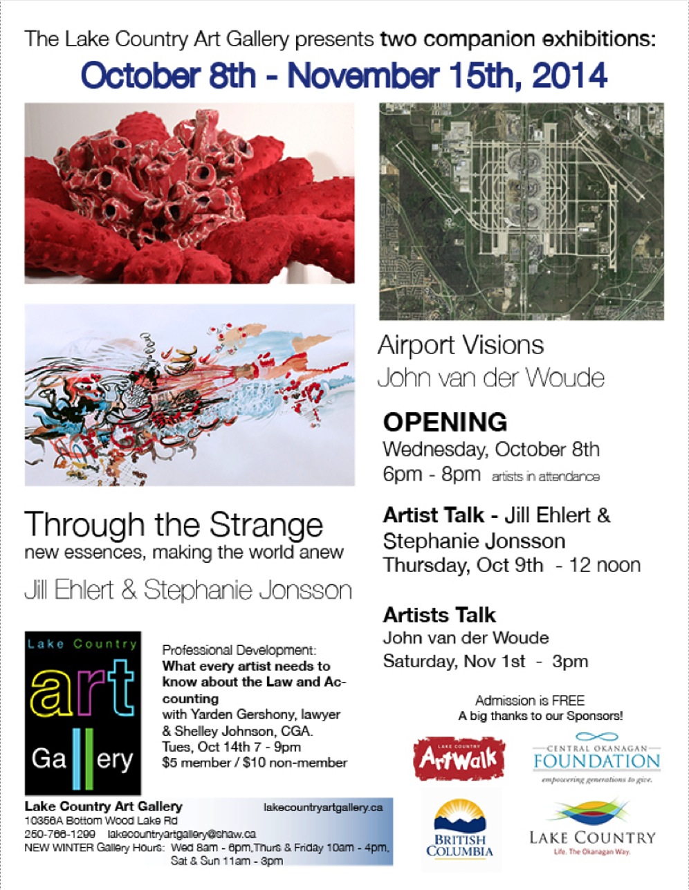 For Immediate Release : Two new exhibitions open at the Lake Country Art Gallery - Oct 8th. 2014 The Lake Country Art Gallery is pleased to present two concurrent exhibitions from October 8th - November 15th, 2014. The first exhibition, “Through the Strange - new essences, making the world anew” , presents work by Vancouver-based artist Stephanie Jonsson and Jill Ehlert of Cobble Hill, on Vancouver Island. The second exhibition, “Airport Visions ” , presents works by local artist John van der Woude. “Through the Strange - new essences, making the world anew” is an exhibition of mixed media work that encompasses drawing, painting, sculpture, ceramics and textiles by Jill Ehlert and Stephanie Jonsson. Jill Ehlert’s works take the form of intricately layered drawings and collages that pull from a wide range of interests: nature, geology, organic forms, cellular structures, cycles of metamorphosis and regeneration. Objects from the natural world and manufactured objects are placed side-by-side, in direct relation, to draw attention to the discovery of similar patterns and forms. In her collages, actual objects, like books and lace, are incorporated into drawn and painted compositions. In Stephanie Jonsson’s work, there is a similar interest in natural forms, which she transposes into ceramic and textile sculptural pieces. She plays with the contrasts of hard against soft, furry against cold and sharp to create new hybrid plant / animal creatures that are both familiar and newly strange. This exploration of finding the strange in the familiar is extended in “Airport Visions”, in a solo exhibition of photographic works by Kelowna artist John van der Woude. van der Woude has taken between 700 - 800 screen captures from Google earth per piece of the world’s busiest airports and stitched them together to create composite photographic images that explore ideas of security vs. accessibility and the aerial aesthetics and visual appeal of how airports look from sky. All the artists will be present at the opening, on Wednesday, Oct 8th from 6 – 8 PM. Jonsson and Ehlert will be on hand for an artist talk on Thursday, Oct 9th at 12 noon. They will speak further about their work in this exhibition, as well as previous work. van der Woude will have an artist talk on Saturday, Nov 1st at 3PM. All events are free and open to the public. Katie Brennan, Curator http://www.lakecountryartgallery.ca